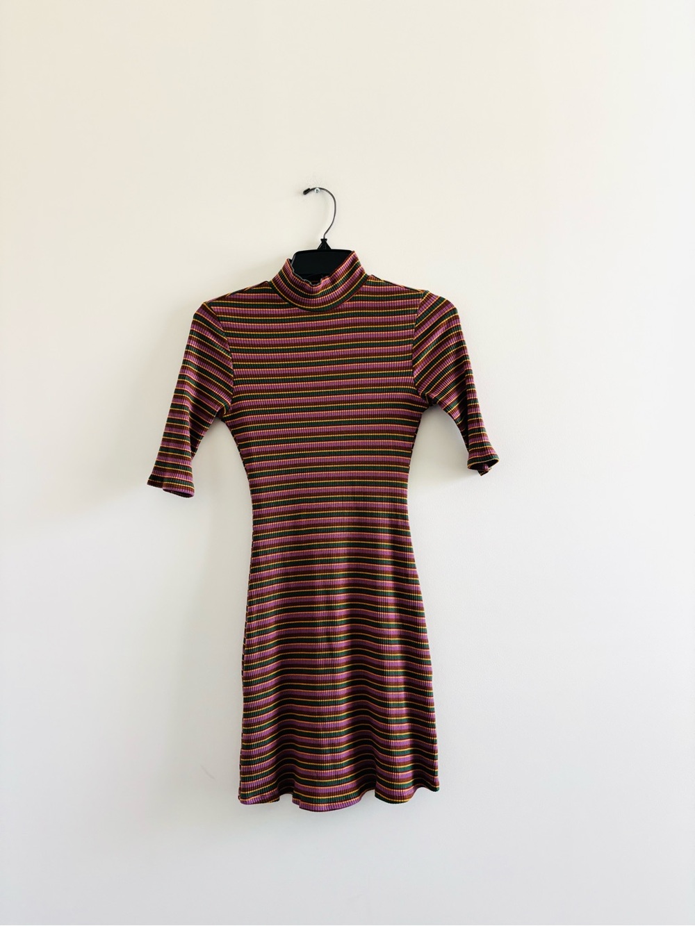 REFORMATION Dress Mini Ribbed Knit Stripe Mock Neck Stretch S Hippie 70s Retro